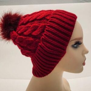 Pom Pom Knit Hat-Red