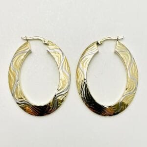 14K Oval Etched Hoops